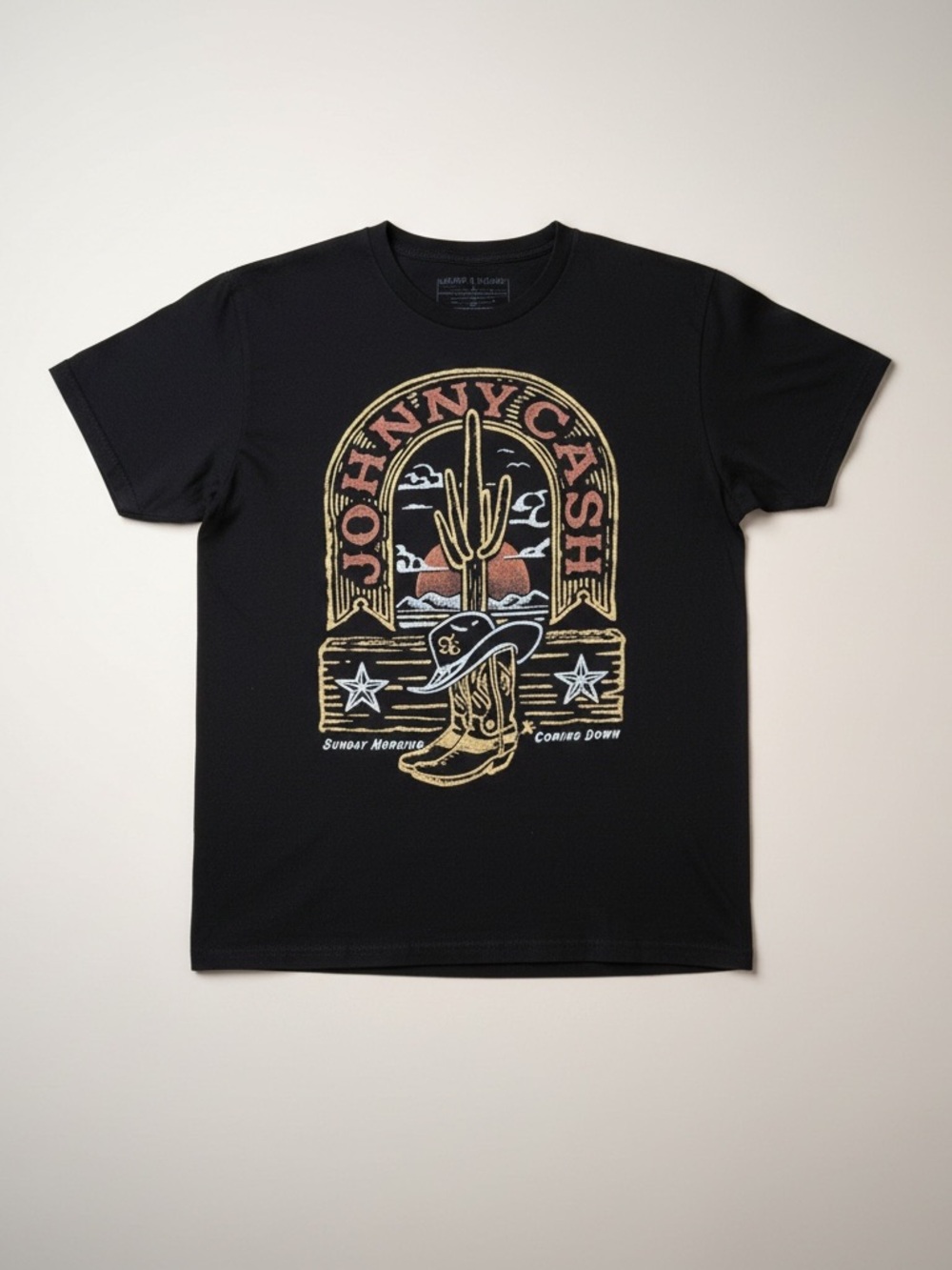 Johnny Cash Black Short-Sleeve Graphic Tee with Desert Boot & Cactus Motif